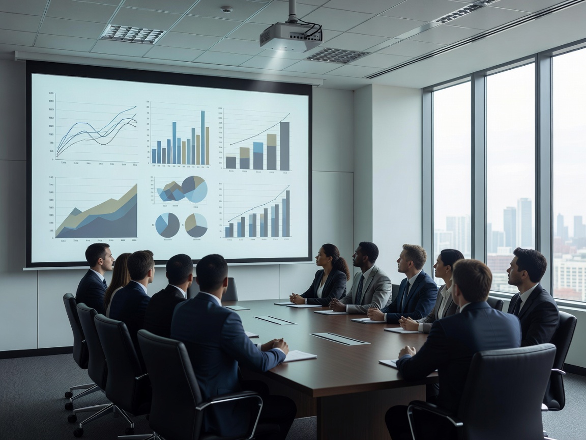 A bright projector displaying a presentation in a well-lit corporate boardroom