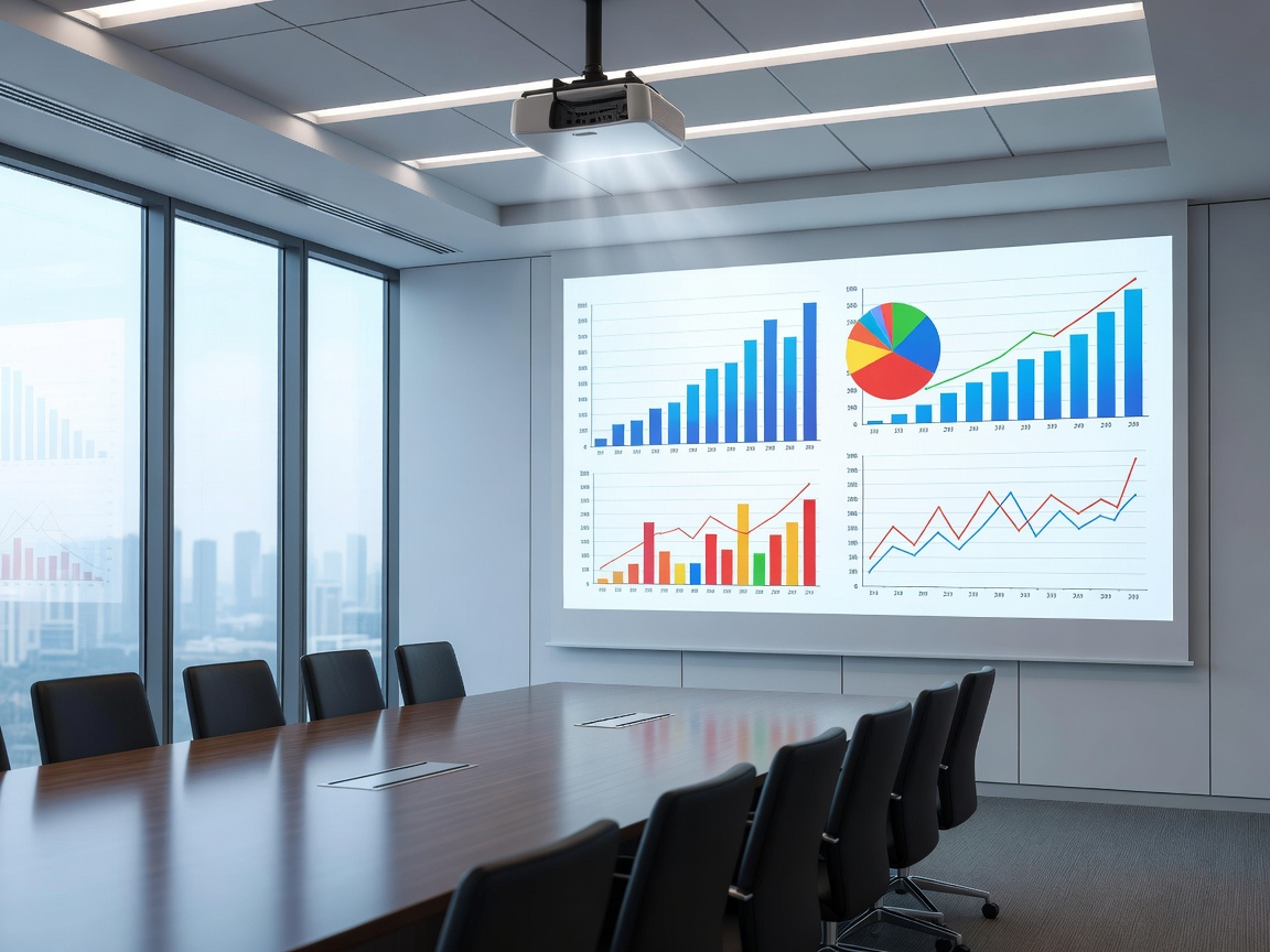 A bright projector displaying data charts in a modern, well-lit corporate boardroom