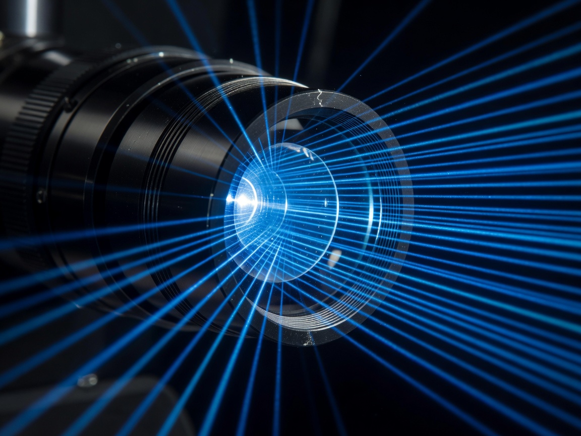 A close-up of a laser projector lens emitting a bright blue light array