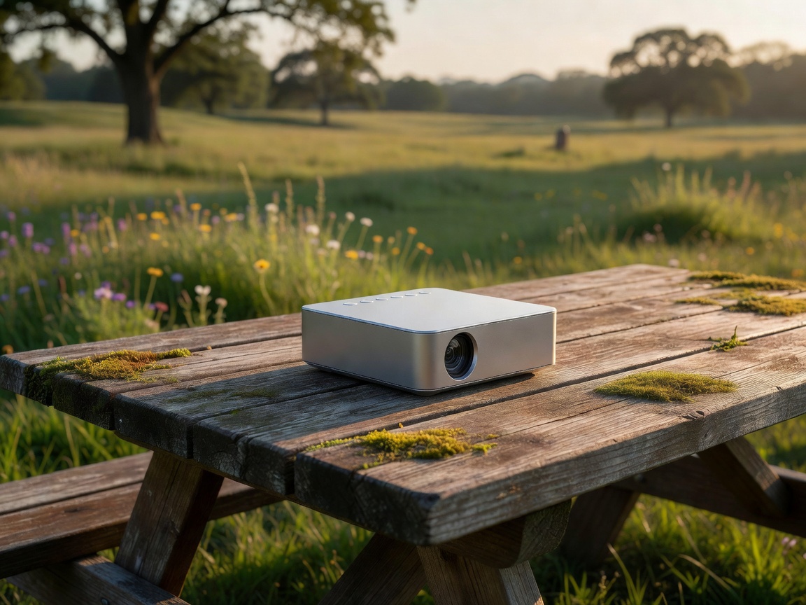 A compact portable projector resting on a picnic table outdoors