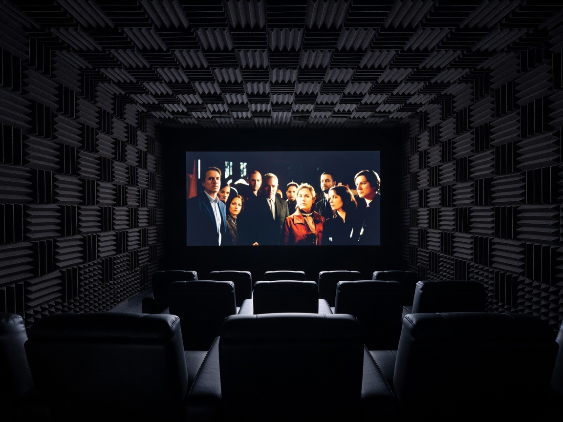 A dark home theater room with acoustic paneling and a large, wide-aspect projection screen