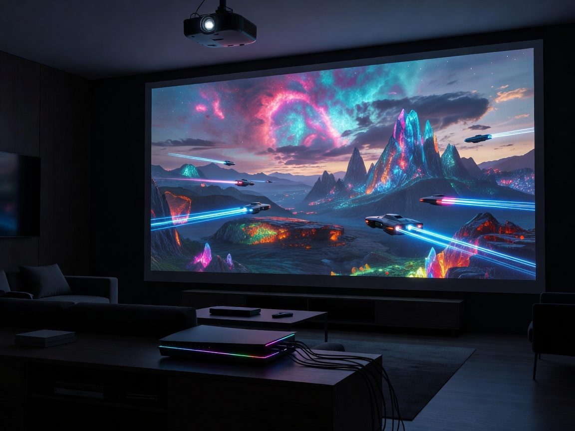 A gaming console connected to a large projection screen displaying vivid graphics