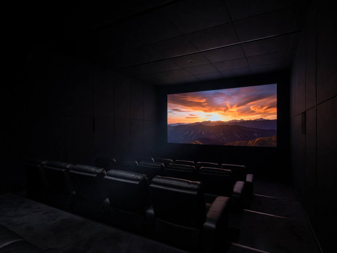 A large home theater screen in a dedicated dark room setup