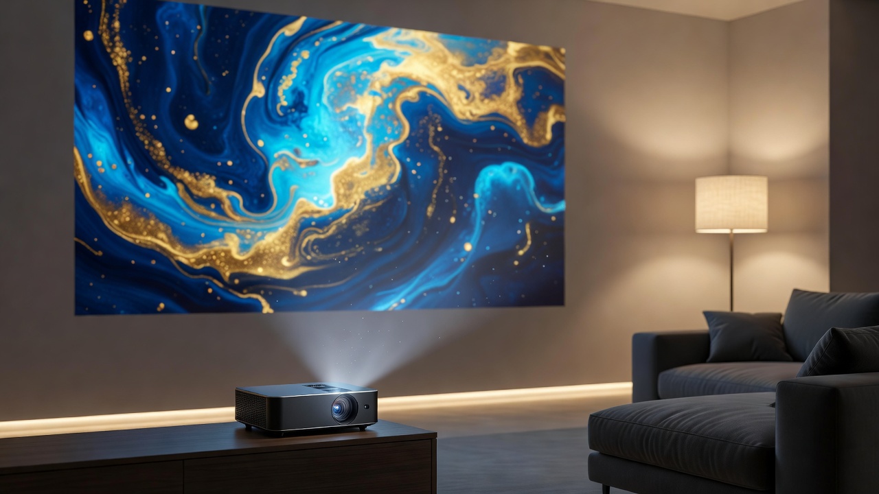 A modern projector illuminating a wall in a softly lit room