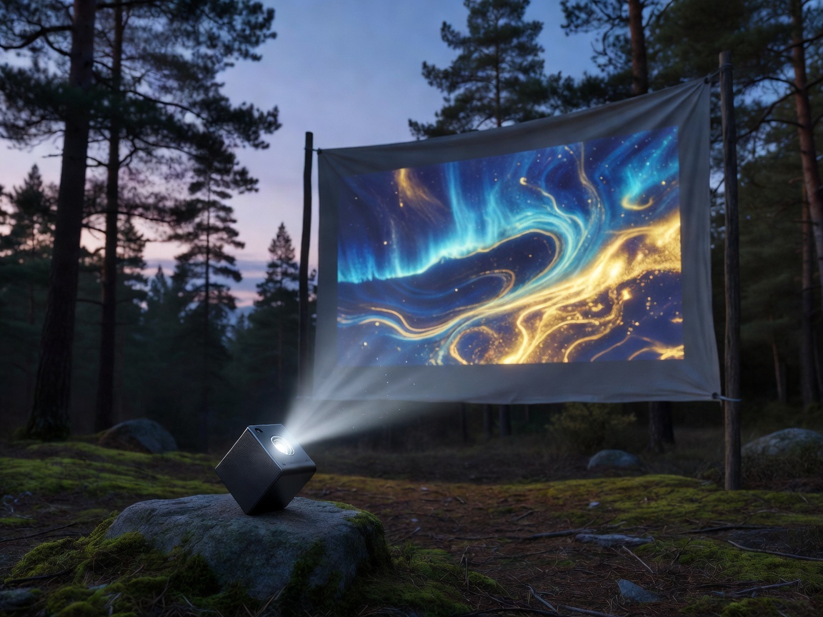 A small, cube-shaped portable projector illuminating a temporary screen outdoors at twilight