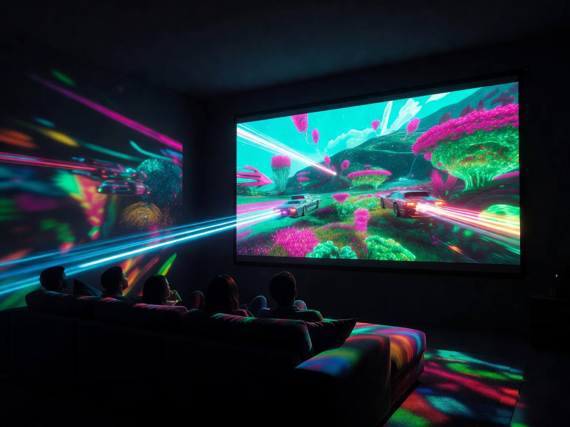 A vibrant video game displayed on a large projector screen in a dimly lit entertainment room